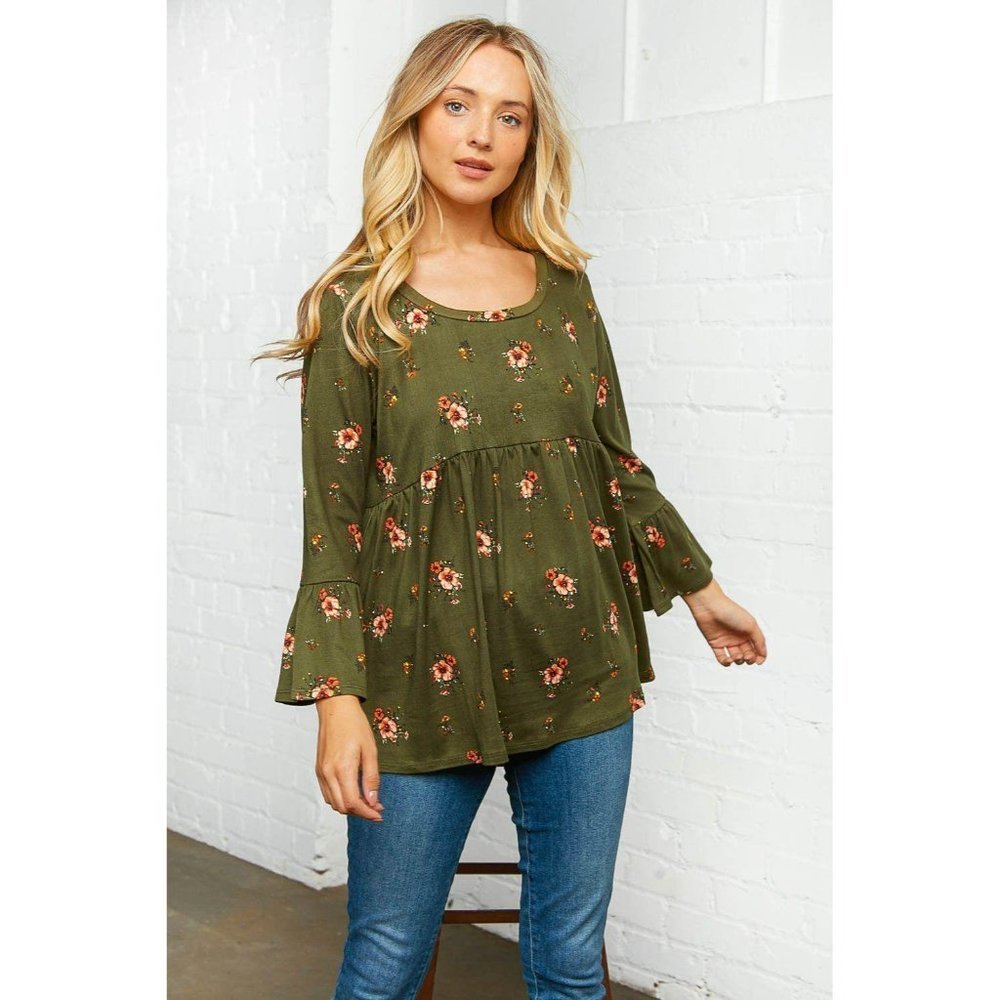 Olive Floral Bell Sleeve Babydoll Peplum Top - Picture 6 of 11